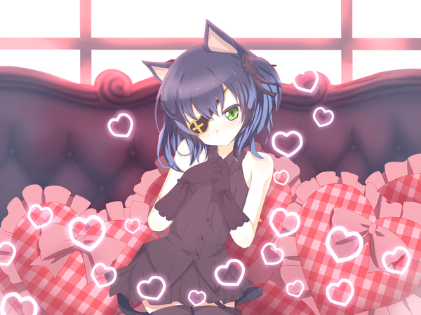 Anime picture 2000x1500 with utau ryone yami saru to yami highres short hair bare shoulders green eyes animal ears blue hair cat ears cat girl girl dress heart pillow eyepatch couch
