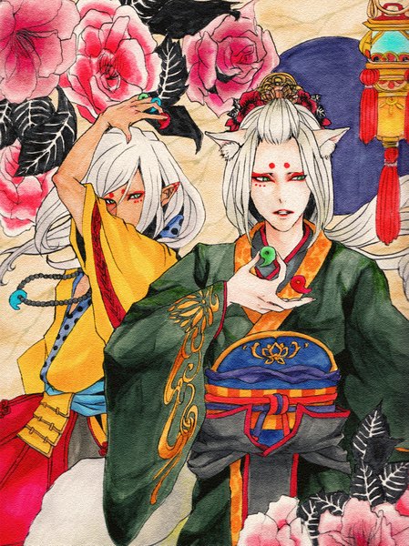Anime picture 1355x1809 with original peggy (artist) long hair tall image open mouth green eyes animal ears white hair traditional clothes japanese clothes fingernails pointy ears multiple boys long fingernails face paint boy hair ornament flower (flowers) leaf (leaves) 2 boys