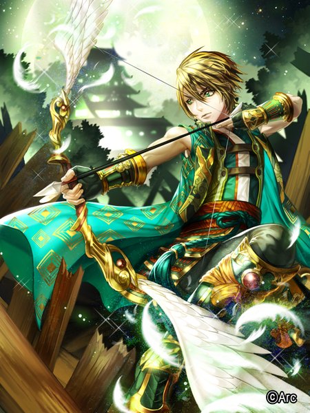 Anime-Bild 1440x1920 mit bbbox (hotpppink) single tall image fringe short hair blonde hair green eyes boy weapon armor moon feather (feathers) full moon clothes bow (weapon) arrow (arrows) vambraces