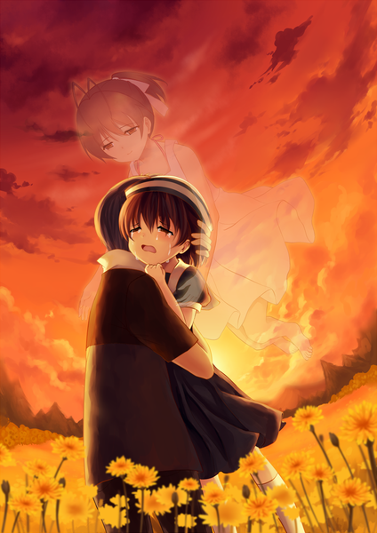 Anime picture 781x1104 with clannad key (studio) furukawa nagisa okazaki ushio okazaki tomoya hinakanin tall image blush short hair open mouth black hair smile brown hair brown eyes sky cloud (clouds) ahoge ponytail sunlight hug