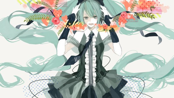 Anime picture 1920x1080 with vocaloid hatsune miku anbivarens (artist) single long hair highres open mouth wide image twintails aqua eyes aqua hair girl dress flower (flowers) detached sleeves