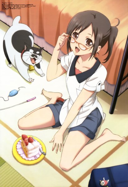 Anime picture 4082x5943 with tari tari megami magazine p.a. works single tall image highres short hair black hair brown eyes absurdres barefoot official art girl shirt glasses shorts sweets cat cake