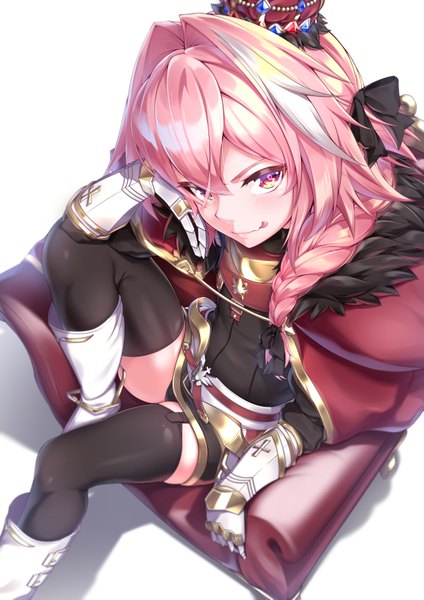 Anime picture 1191x1684 with fate (series) fate/apocrypha astolfo (fate) takatun223 single long hair tall image looking at viewer blush fringe light erotic simple background smile hair between eyes white background sitting pink hair bent knee (knees) braid (braids) pink eyes