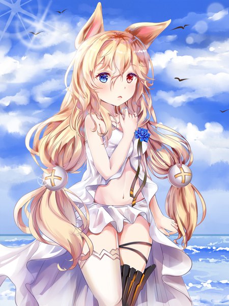 Anime picture 1654x2205 with girls frontline g41 (girls frontline) mutang single long hair tall image looking at viewer blush fringe open mouth blue eyes blonde hair hair between eyes red eyes twintails bare shoulders animal ears sky cloud (clouds) bare belly
