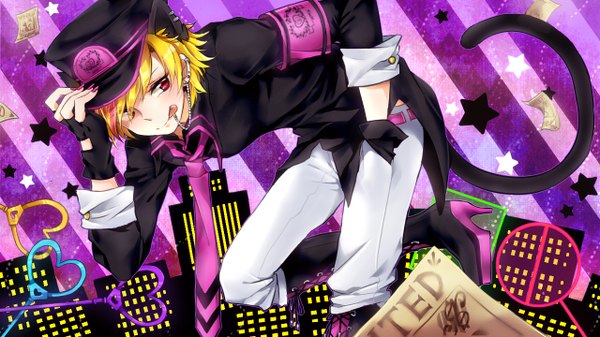 Anime picture 1280x720 with nico nico singer 96neko amo (artist) single short hair blonde hair red eyes wide image animal ears tail animal tail cat ears cat tail high heels piercing striped hand on head hand in pocket striped background reverse trap