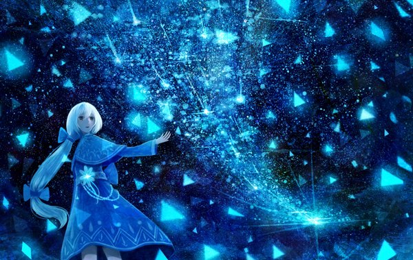 Anime picture 1624x1026 with original bounin single long hair open mouth smile looking away white hair ponytail outstretched arm girl dress hair ornament bow ribbon (ribbons) hair bow star (stars) crystal