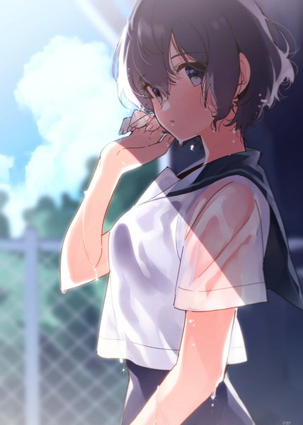 Anime picture 1038x1456 with original umiko (munemiu) single tall image looking at viewer fringe short hair blue eyes black hair hair between eyes signed sky cloud (clouds) outdoors parted lips shadow wet depth of field adjusting hair wet clothes