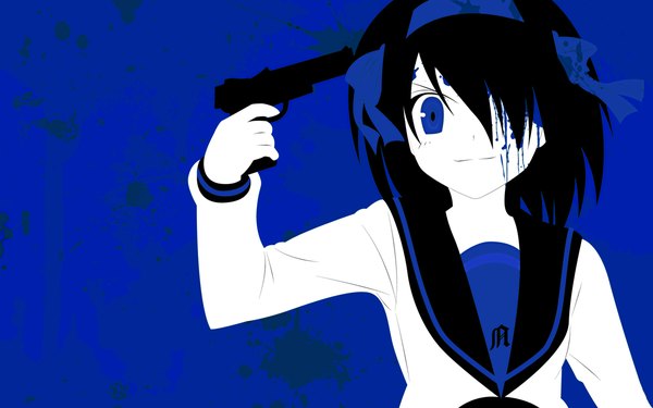 Anime picture 1680x1050 with suzumiya haruhi no yuutsu kyoto animation suzumiya haruhi wide image blue background girl gun