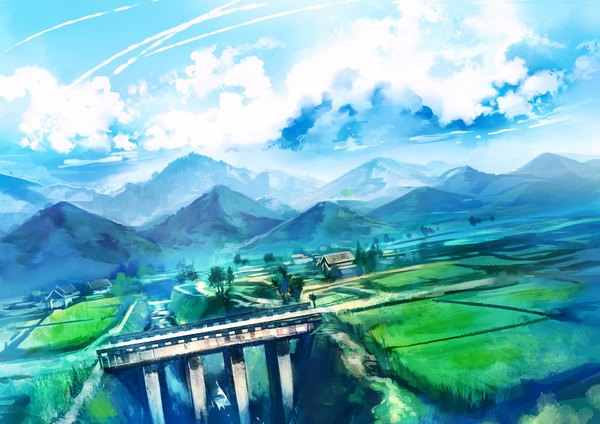 Anime picture 1000x707 with original noki (affabile) sky cloud (clouds) mountain no people landscape river field plant (plants) tree (trees) water bridge rice paddy