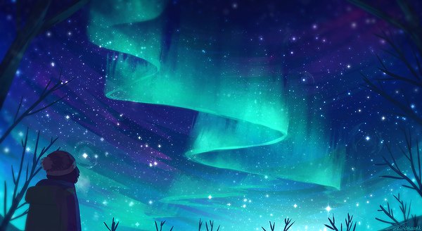 Anime picture 1186x650 with original zandraart single wide image signed from behind night from below night sky winter exhalation ambiguous gender aurora borealis plant (plants) tree (trees) star (stars) cap backpack