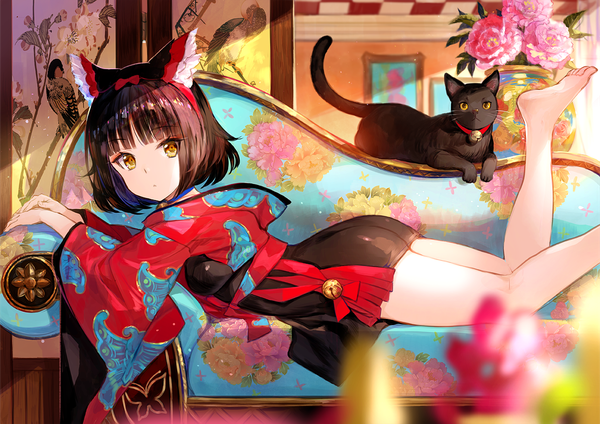 Anime picture 1168x827 with original fuzichoco single looking at viewer fringe short hair light erotic brown hair animal ears yellow eyes ass indoors lying blunt bangs traditional clothes japanese clothes barefoot sunlight blurry cat ears