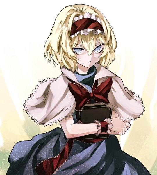 Anime picture 741x823 with touhou alice margatroid eredhen single tall image fringe short hair blue eyes blonde hair looking away from above girl hairband book (books) cape