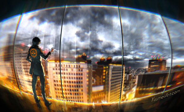 Anime picture 1635x1000 with fisheye placebo yuumei single short hair black hair wide image holding sky cloud (clouds) from behind city boy uniform building (buildings) wine glass