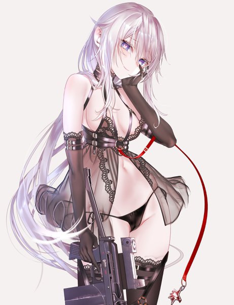 Anime picture 2000x2600 with girls frontline 9a-91 (girls frontline) pottsness single long hair tall image looking at viewer blush fringe highres breasts blue eyes light erotic simple background hair between eyes standing white background holding silver hair parted lips