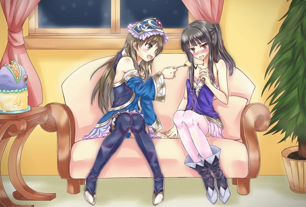 Anime picture 1181x800 with atelier (series) atelier meruru gust (company) totooria helmold mimi houllier von schwarzlang kyoukya (kyouya02) long hair blush fringe open mouth black hair red eyes brown hair sitting bare shoulders multiple girls holding brown eyes payot ponytail
