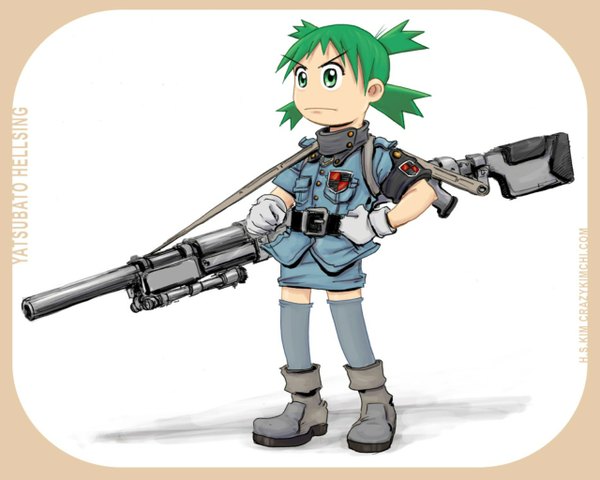 Anime picture 1280x1024 with hellsing yotsubato koiwai yotsuba seras victoria green hair parody gun