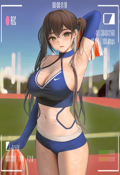 Anime picture 1650x2405 with original nike tokkihouse single long hair tall image looking at viewer blush fringe breasts open mouth light erotic hair between eyes brown hair large breasts standing green eyes payot arm up blurry