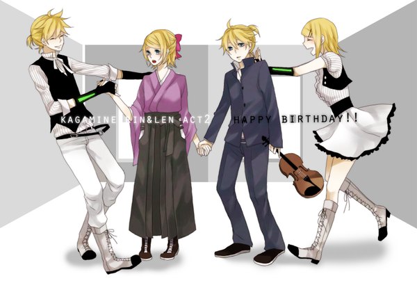 Anime picture 1732x1169 with vocaloid kagamine rin kagamine len kiri (lwp01 lav) highres open mouth blue eyes blonde hair smile twintails eyes closed japanese clothes profile holding hands open collar multiple persona laughing girl boy gloves