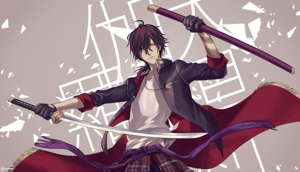 Anime picture 1400x805 with touken ranbu nitroplus ookurikara monoxi single long hair simple background brown hair wide image holding yellow eyes looking away pink hair red hair multicolored hair wind open clothes arms up open jacket tattoo