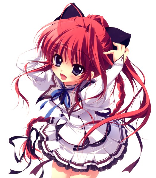 Anime picture 3500x4000 with mashiroiro symphony inui sana izumi tsubasu single tall image looking at viewer blush fringe highres open mouth simple background white background purple eyes absurdres red hair tail braid (braids) girl skirt uniform