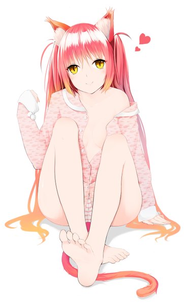 Anime picture 900x1491 with original dre single long hair tall image looking at viewer light erotic simple background blonde hair smile white background sitting bare shoulders animal ears yellow eyes pink hair bent knee (knees) tail long sleeves animal tail