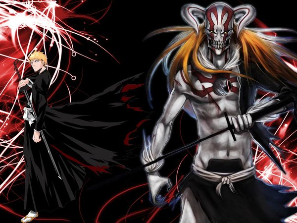 Anime picture 1024x768 with bleach studio pierrot kurosaki ichigo zangetsu long hair short hair blue eyes horn (horns) orange hair wallpaper dual persona hollow boy sword katana blood mask