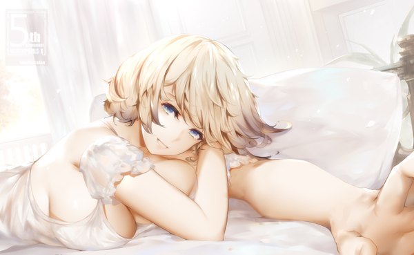 Anime picture 1920x1183 with warship girls r newport news (warship girls r) windforcelan single looking at viewer fringe highres short hair breasts blue eyes light erotic blonde hair smile wide image large breasts indoors lying grin sideboob outstretched arm