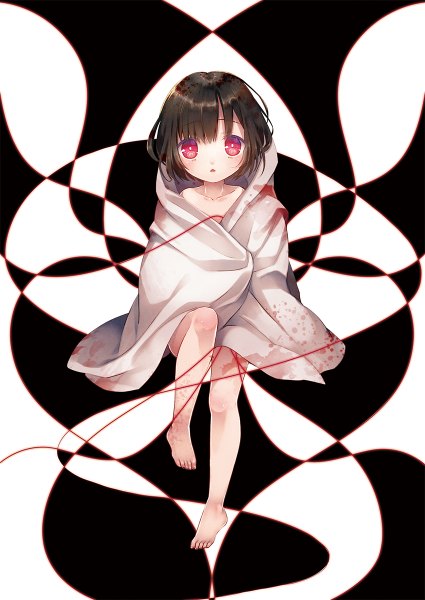 Anime picture 850x1200 with original nama2e single tall image blush short hair open mouth black hair red eyes barefoot bare legs girl thread red thread