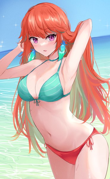 Anime picture 1180x1911 with virtual youtuber hololive hololive english takanashi kiara shuuzo3 single long hair tall image looking at viewer fringe breasts open mouth light erotic large breasts standing sky cloud (clouds) outdoors blunt bangs pink eyes