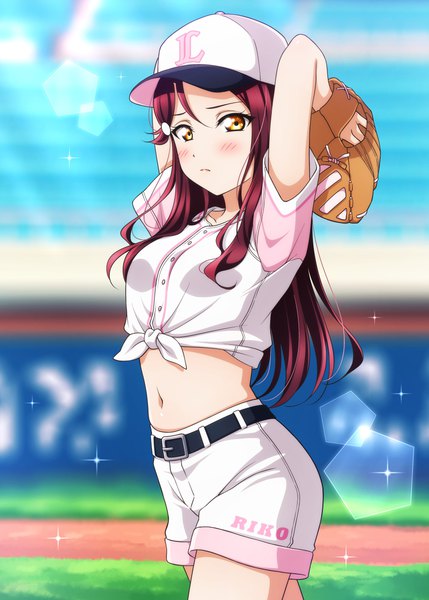Anime picture 2591x3624 with love live! sunshine!! sunrise (studio) love live! sakurauchi riko kougi hiroshi single long hair tall image looking at viewer blush highres standing yellow eyes outdoors red hair arms up sparkle midriff depth of field character names