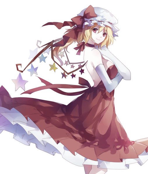 Anime picture 1000x1180 with touhou flandre scarlet koshaku single tall image short hair simple background blonde hair red eyes white background alternate wings girl dress gloves wings elbow gloves star (symbol) bonnet