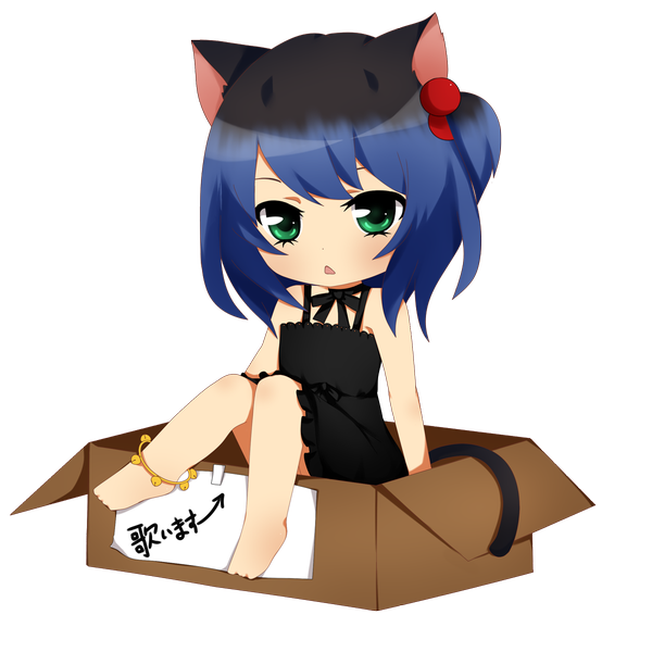 Anime picture 1200x1200 with utau ryone yami saru to yami single blush short hair open mouth green eyes animal ears blue hair cat ears cat girl cat tail transparent background chibi for adoption girl sundress box