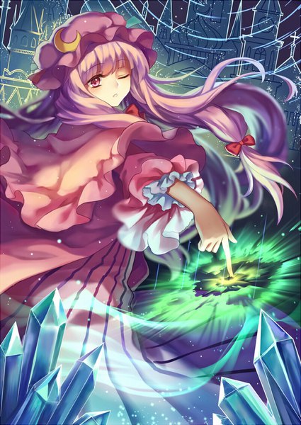 Anime picture 700x988 with touhou patchouli knowledge mirror (xilu4) single long hair tall image fringe purple eyes looking away purple hair blunt bangs one eye closed outstretched arm magic girl bow hair bow hat bonnet crystal