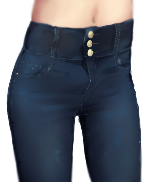 Anime picture 2508x3000 with original tokorotn single tall image highres light erotic simple background standing white background blurry midriff close-up head out of frame girl navel buttons jeans blue jeans