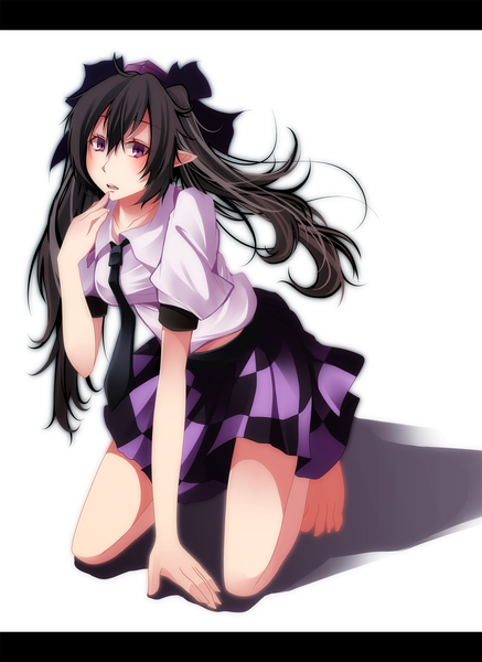 Anime picture 1458x2000 with touhou himekaidou hatate s-syogo single long hair tall image black hair simple background white background purple eyes pointy ears shadow checkered skirt girl skirt miniskirt shirt necktie