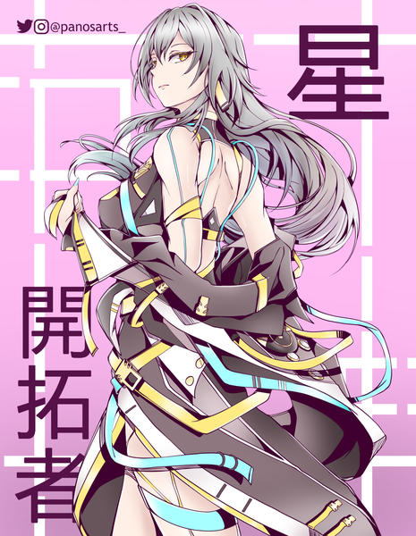 Anime picture 1163x1500 with honkai: star rail honkai (series) trailblazer (honkai: star rail) stelle (honkai: star rail) panos (ssgpanos) single long hair tall image looking at viewer fringe hair between eyes standing signed yellow eyes nail polish grey hair alternate costume character names twitter username pink background