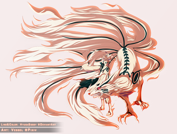 Anime picture 1711x1300 with naruto studio pierrot naruto (series) uzumaki naruto kurama (kyuubi) hyugasosby fringe highres red eyes standing tail orange hair teeth fang (fangs) coloring multiple tails serious angry jinchuriki alternate color