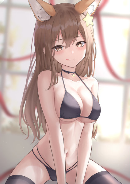 Anime picture 4961x7016 with virtual youtuber indie virtual youtuber annytf marinesnow single long hair tall image looking at viewer blush fringe highres breasts light erotic smile hair between eyes brown hair large breasts sitting brown eyes animal ears