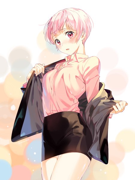 Anime picture 600x800 with original nishita single tall image looking at viewer blush fringe short hair red eyes standing signed pink hair parted lips shiny skin undressing office lady girl skirt shirt black skirt