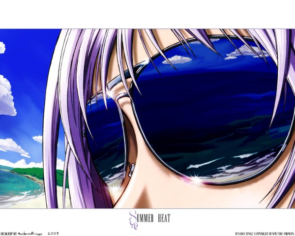 Anime picture 1280x1024 with tenjou tenge natsume maya rocknroll-isgo umehara takahiro single fringe signed sky purple hair cloud (clouds) inscription beach lens flare reflection letterboxed close-up face third-party edit 2005 girl