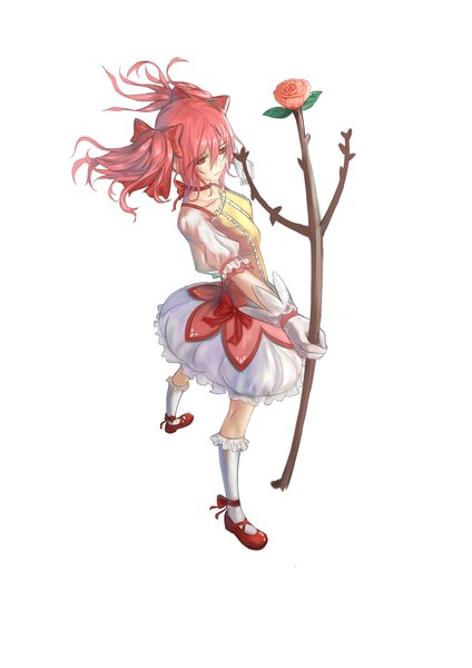 Anime picture 1535x2171 with mahou shoujo madoka magica shaft (studio) kaname madoka inneanis single tall image short hair simple background red eyes white background twintails looking away pink hair short twintails girl gloves flower (flowers) bow hair bow socks