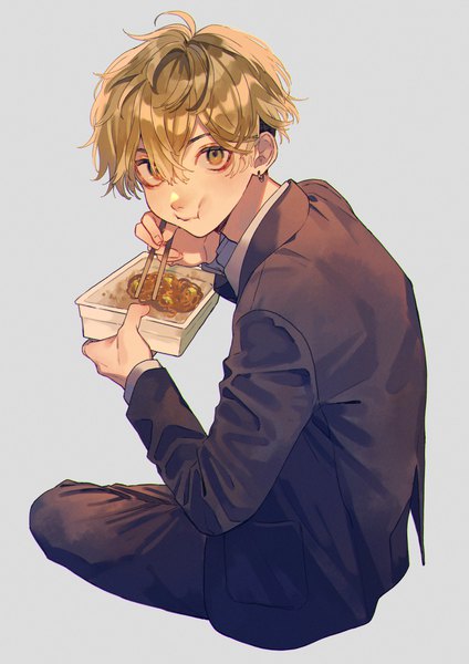 Anime picture 2441x3453 with tokyo revengers matsuno chifuyu shichi (kotoneco0711) single tall image looking at viewer fringe highres short hair simple background blonde hair hair between eyes sitting yellow eyes grey background piercing ear piercing eating indian style boy