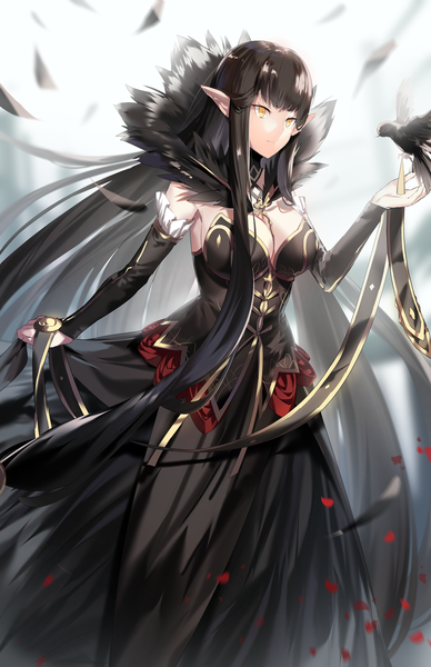 Anime picture 1100x1700 with fate (series) fate/apocrypha semiramis (fate) grape (pixiv27523889) single tall image breasts black hair large breasts yellow eyes looking away cleavage very long hair pointy ears girl dress detached sleeves animal black dress bird (birds)