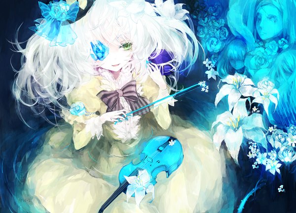 Anime picture 2000x1444 with touhou komeiji koishi juexing (moemoe3345) single long hair highres green eyes white hair nail polish flower over eye girl dress flower (flowers) bow hat water violin bow (instrument)