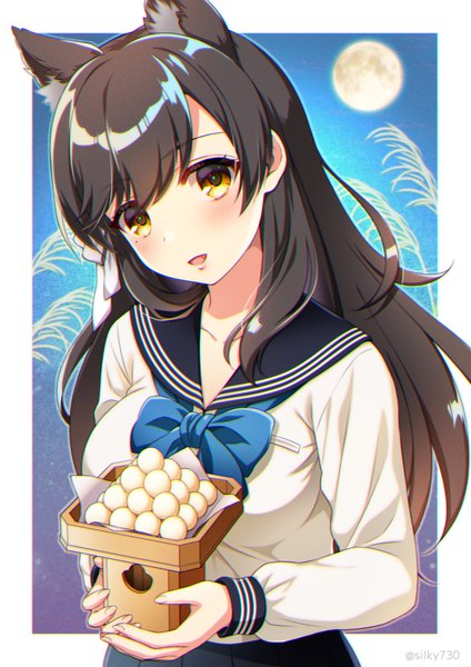 Anime picture 1061x1500 with azur lane atago (azur lane) silky (silky alice) single long hair tall image looking at viewer blush open mouth black hair signed animal ears yellow eyes head tilt :d twitter username fox ears border outside border extra ears
