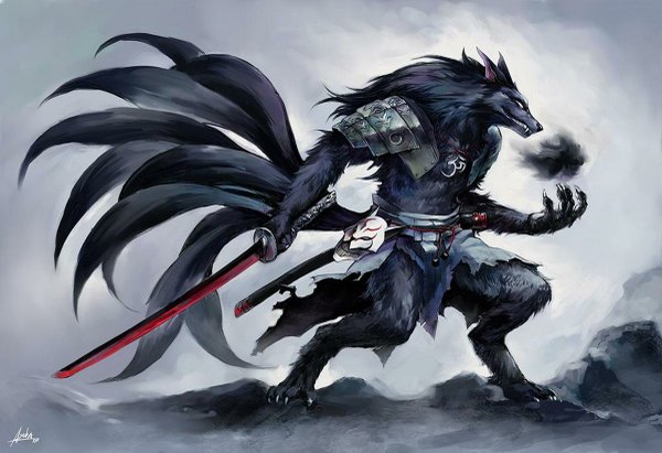 Anime picture 1200x823 with original pvtjoe signed tail torn clothes magic kitsune weapon sword armor katana mask youkai wolf
