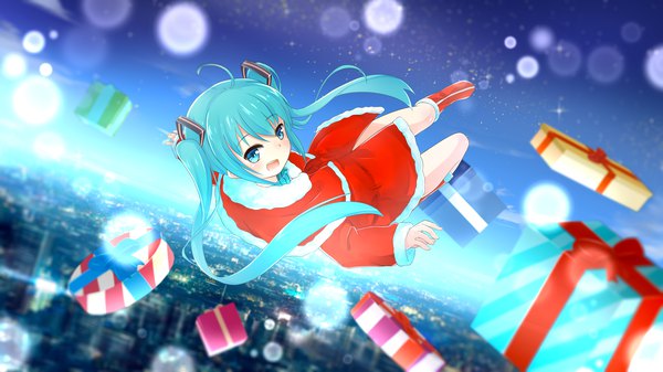 Anime picture 3840x2160 with vocaloid hatsune miku ray-en single long hair looking at viewer highres open mouth wide image twintails absurdres aqua eyes aqua hair depth of field christmas landscape falling midair girl gift