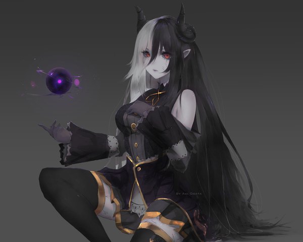 Anime picture 4000x3200 with original aoi ogata single long hair looking at viewer fringe highres breasts black hair hair between eyes red eyes absurdres bent knee (knees) white hair pleated skirt multicolored hair arm up horn (horns) pointy ears wide sleeves