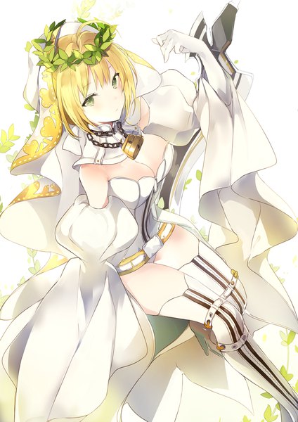 Anime picture 750x1061 with fate (series) fate/extra fate/extra ccc nero claudius (fate) nero claudius (bride) (fate) lpip single tall image looking at viewer fringe short hair breasts light erotic simple background blonde hair large breasts white background sitting bare shoulders green eyes