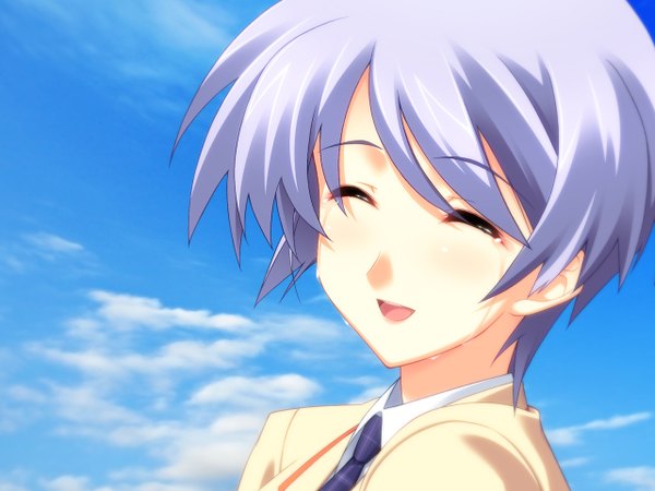 Anime picture 1280x960 with chaos;head kishimoto ayase matsuo yukihiro single short hair smile blue hair game cg sky cloud (clouds) eyes closed tears happy close-up uniform school uniform necktie